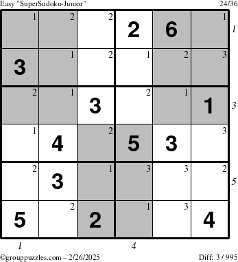 The grouppuzzles.com Easy SuperSudoku-Junior puzzle for Wednesday February 26, 2025 with all 3 steps marked