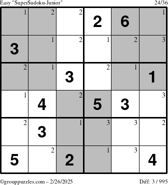 The grouppuzzles.com Easy SuperSudoku-Junior puzzle for Wednesday February 26, 2025 with the first 3 steps marked