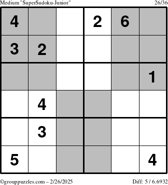 The grouppuzzles.com Medium SuperSudoku-Junior puzzle for Wednesday February 26, 2025