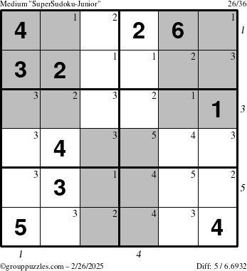 The grouppuzzles.com Medium SuperSudoku-Junior puzzle for Wednesday February 26, 2025 with all 5 steps marked