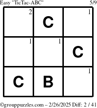 The grouppuzzles.com Easy TicTac-ABC puzzle for Wednesday February 26, 2025 with the first 2 steps marked