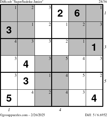 The grouppuzzles.com Difficult SuperSudoku-Junior puzzle for Wednesday February 26, 2025 with all 5 steps marked