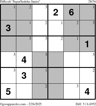 The grouppuzzles.com Difficult SuperSudoku-Junior puzzle for Wednesday February 26, 2025 with the first 3 steps marked