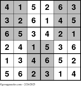 The grouppuzzles.com Answer grid for the SuperSudoku-Junior puzzle for Wednesday February 26, 2025