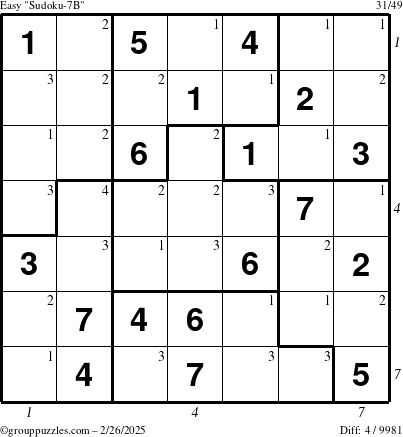 The grouppuzzles.com Easy Sudoku-7B puzzle for Wednesday February 26, 2025 with all 4 steps marked