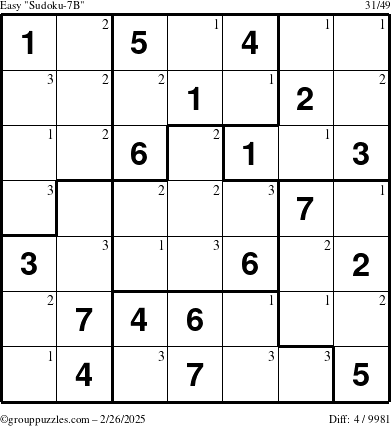 The grouppuzzles.com Easy Sudoku-7B puzzle for Wednesday February 26, 2025 with the first 3 steps marked