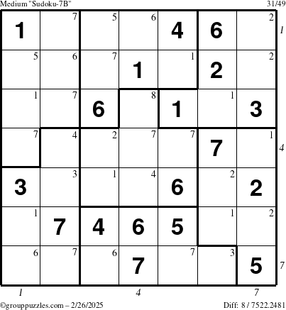 The grouppuzzles.com Medium Sudoku-7B puzzle for Wednesday February 26, 2025 with all 8 steps marked