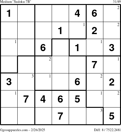 The grouppuzzles.com Medium Sudoku-7B puzzle for Wednesday February 26, 2025 with the first 3 steps marked