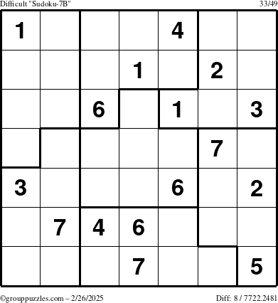 The grouppuzzles.com Difficult Sudoku-7B puzzle for Wednesday February 26, 2025