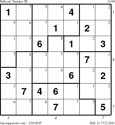 The grouppuzzles.com Difficult Sudoku-7B puzzle for Wednesday February 26, 2025 with all 8 steps marked