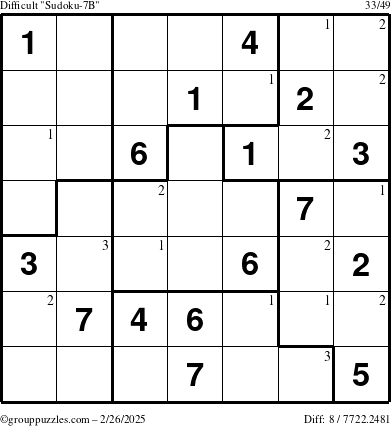 The grouppuzzles.com Difficult Sudoku-7B puzzle for Wednesday February 26, 2025 with the first 3 steps marked