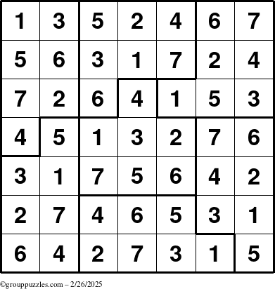 The grouppuzzles.com Answer grid for the Sudoku-7B puzzle for Wednesday February 26, 2025