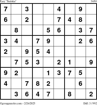 The grouppuzzles.com Easy Sudoku puzzle for Wednesday February 26, 2025