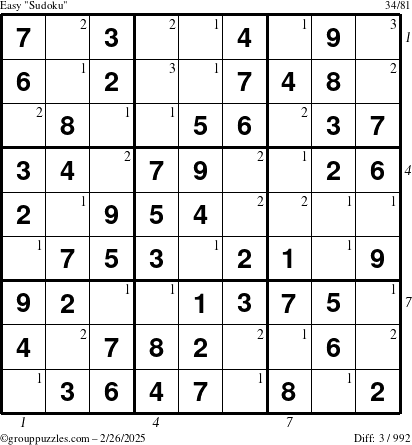 The grouppuzzles.com Easy Sudoku puzzle for Wednesday February 26, 2025 with all 3 steps marked
