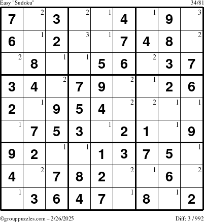 The grouppuzzles.com Easy Sudoku puzzle for Wednesday February 26, 2025 with the first 3 steps marked