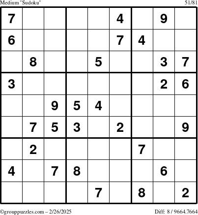 The grouppuzzles.com Medium Sudoku puzzle for Wednesday February 26, 2025