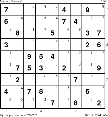 The grouppuzzles.com Medium Sudoku puzzle for Wednesday February 26, 2025 with all 8 steps marked