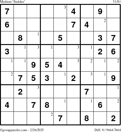 The grouppuzzles.com Medium Sudoku puzzle for Wednesday February 26, 2025 with the first 3 steps marked