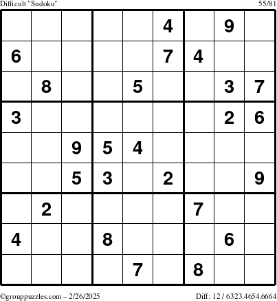 The grouppuzzles.com Difficult Sudoku puzzle for Wednesday February 26, 2025
