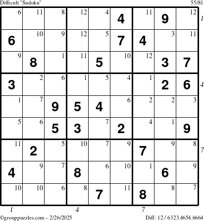 The grouppuzzles.com Difficult Sudoku puzzle for Wednesday February 26, 2025 with all 12 steps marked