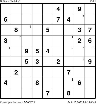 The grouppuzzles.com Difficult Sudoku puzzle for Wednesday February 26, 2025 with the first 3 steps marked