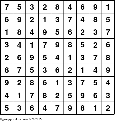 The grouppuzzles.com Answer grid for the Sudoku puzzle for Wednesday February 26, 2025