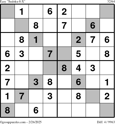 The grouppuzzles.com Easy Sudoku-8-X puzzle for Wednesday February 26, 2025