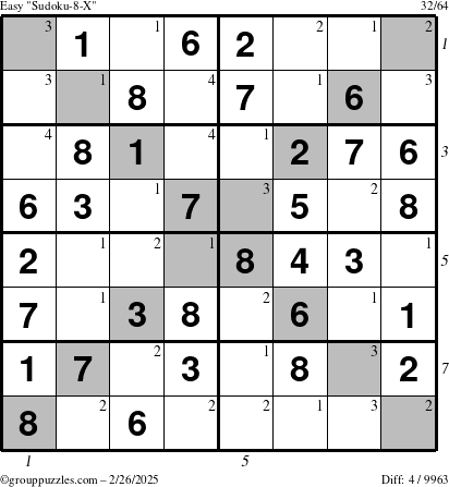 The grouppuzzles.com Easy Sudoku-8-X puzzle for Wednesday February 26, 2025 with all 4 steps marked