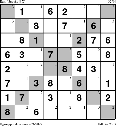 The grouppuzzles.com Easy Sudoku-8-X puzzle for Wednesday February 26, 2025 with the first 3 steps marked