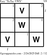 The grouppuzzles.com Easy TicTac-VWX puzzle for Wednesday February 26, 2025, suitable for printing, with all 2 steps marked