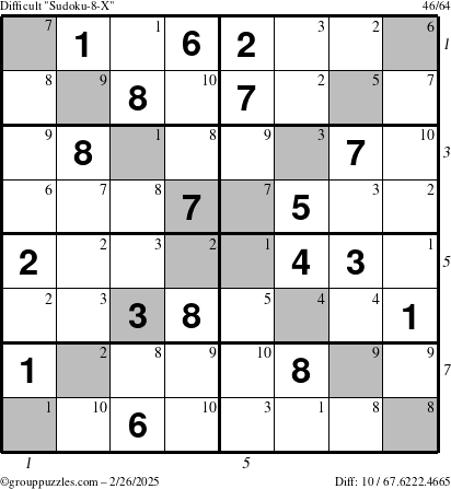 The grouppuzzles.com Difficult Sudoku-8-X puzzle for Wednesday February 26, 2025 with all 10 steps marked