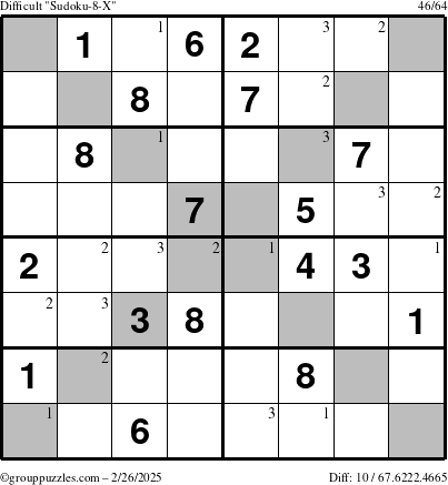 The grouppuzzles.com Difficult Sudoku-8-X puzzle for Wednesday February 26, 2025 with the first 3 steps marked