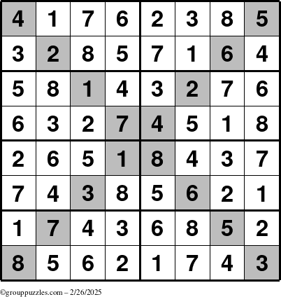 The grouppuzzles.com Answer grid for the Sudoku-8-X puzzle for Wednesday February 26, 2025