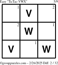 The grouppuzzles.com Easy TicTac-VWX puzzle for Wednesday February 26, 2025 with the first 2 steps marked