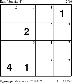 The grouppuzzles.com Easy Sudoku-4 puzzle for Thursday July 31, 2025 with the first 3 steps marked
