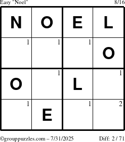The grouppuzzles.com Easy Noel puzzle for Thursday July 31, 2025 with the first 2 steps marked