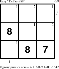 The grouppuzzles.com Easy TicTac-789 puzzle for Thursday July 31, 2025 with all 2 steps marked