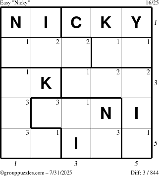 The grouppuzzles.com Easy Nicky puzzle for Thursday July 31, 2025 with all 3 steps marked