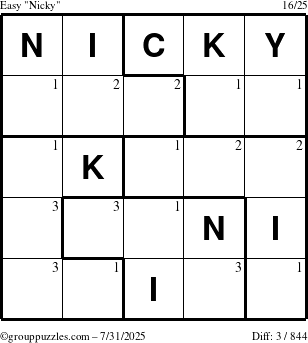 The grouppuzzles.com Easy Nicky puzzle for Thursday July 31, 2025 with the first 3 steps marked