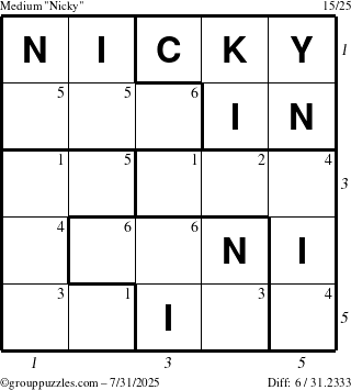 The grouppuzzles.com Medium Nicky puzzle for Thursday July 31, 2025 with all 6 steps marked