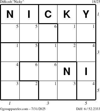 The grouppuzzles.com Difficult Nicky puzzle for Thursday July 31, 2025 with all 6 steps marked
