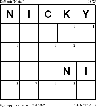 The grouppuzzles.com Difficult Nicky puzzle for Thursday July 31, 2025 with the first 3 steps marked