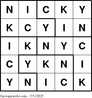 The grouppuzzles.com Answer grid for the Nicky puzzle for Thursday July 31, 2025
