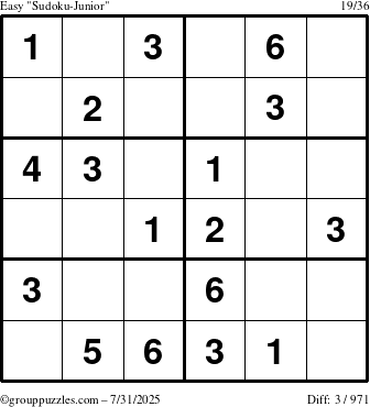 The grouppuzzles.com Easy Sudoku-Junior puzzle for Thursday July 31, 2025