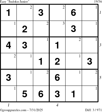 The grouppuzzles.com Easy Sudoku-Junior puzzle for Thursday July 31, 2025 with all 3 steps marked
