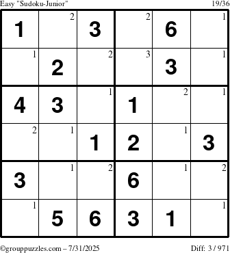 The grouppuzzles.com Easy Sudoku-Junior puzzle for Thursday July 31, 2025 with the first 3 steps marked