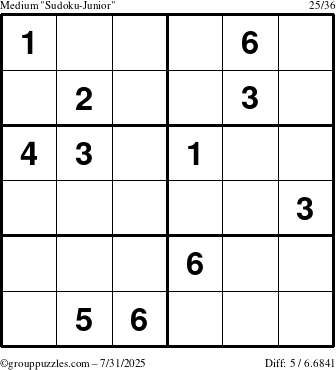 The grouppuzzles.com Medium Sudoku-Junior puzzle for Thursday July 31, 2025