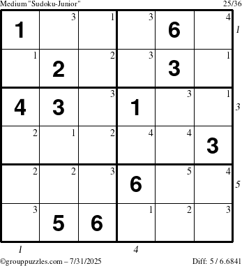 The grouppuzzles.com Medium Sudoku-Junior puzzle for Thursday July 31, 2025 with all 5 steps marked