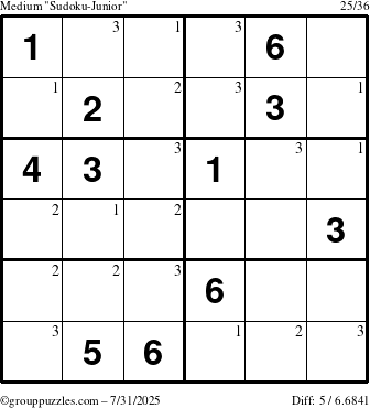 The grouppuzzles.com Medium Sudoku-Junior puzzle for Thursday July 31, 2025 with the first 3 steps marked
