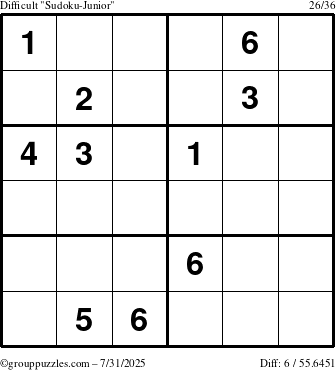 The grouppuzzles.com Difficult Sudoku-Junior puzzle for Thursday July 31, 2025